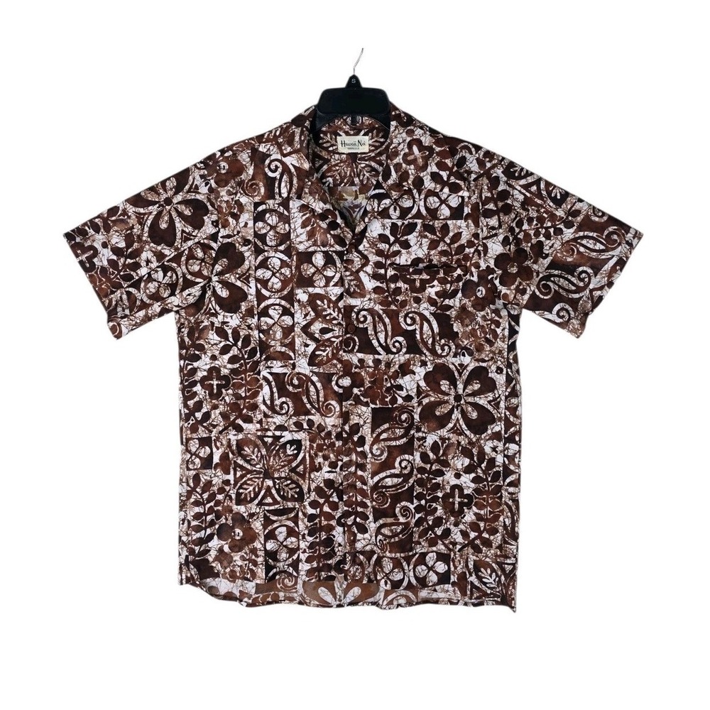 Vtg 70s Hawaii Nei Honolulu Floral Shirt Mens S Brown White Batik Aloha SS USA